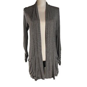 Bobeau‎ Women Rushed Long Sleeve Stripped Open Cardigan XS Pockets Black White